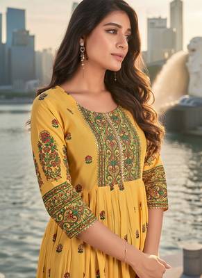 Yellow  cotton with printed kurti 2