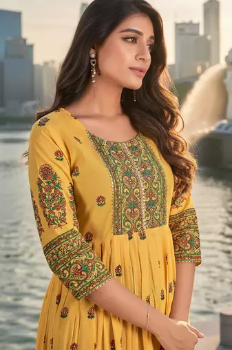 Yellow  cotton with printed kurti