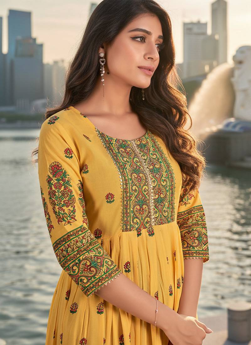 Yellow  cotton with printed kurti