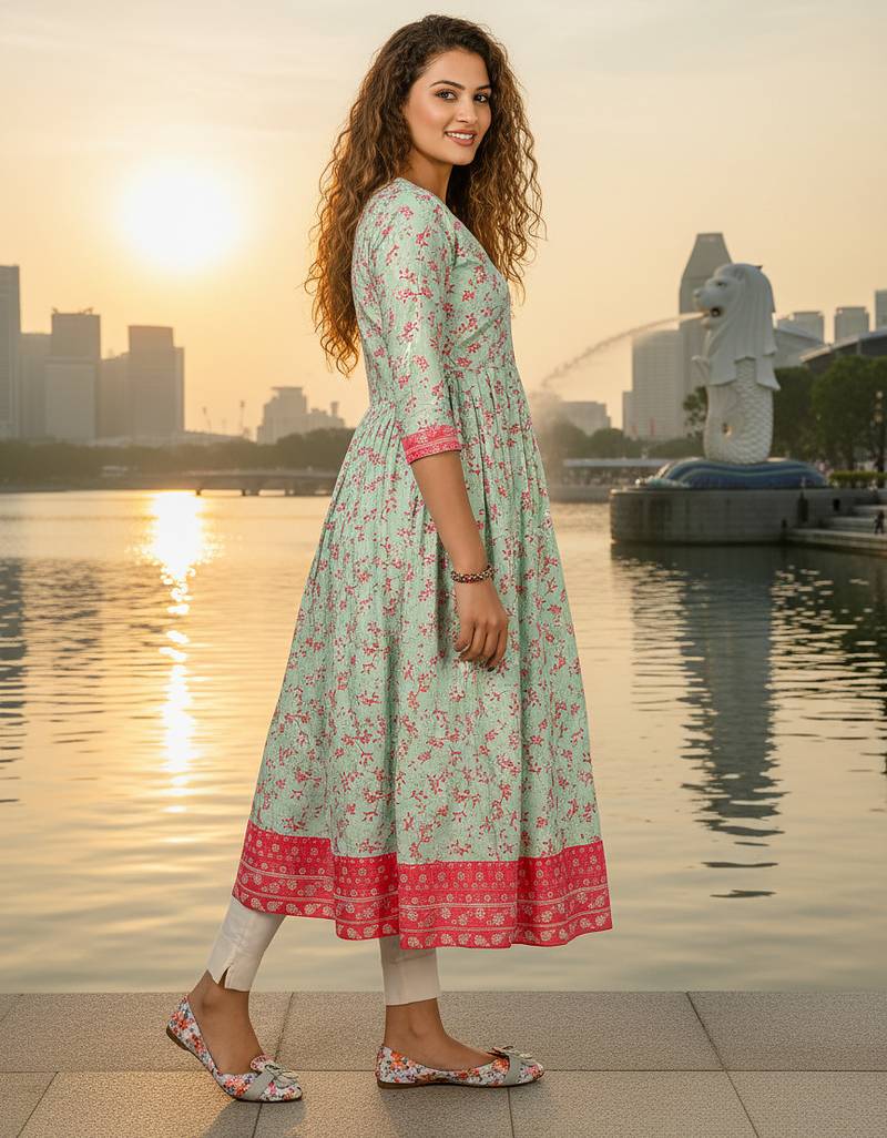 Light green  cotton with hand print light embroidered kurti