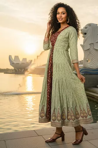 Green  cotton with hand print light embroidered kurti