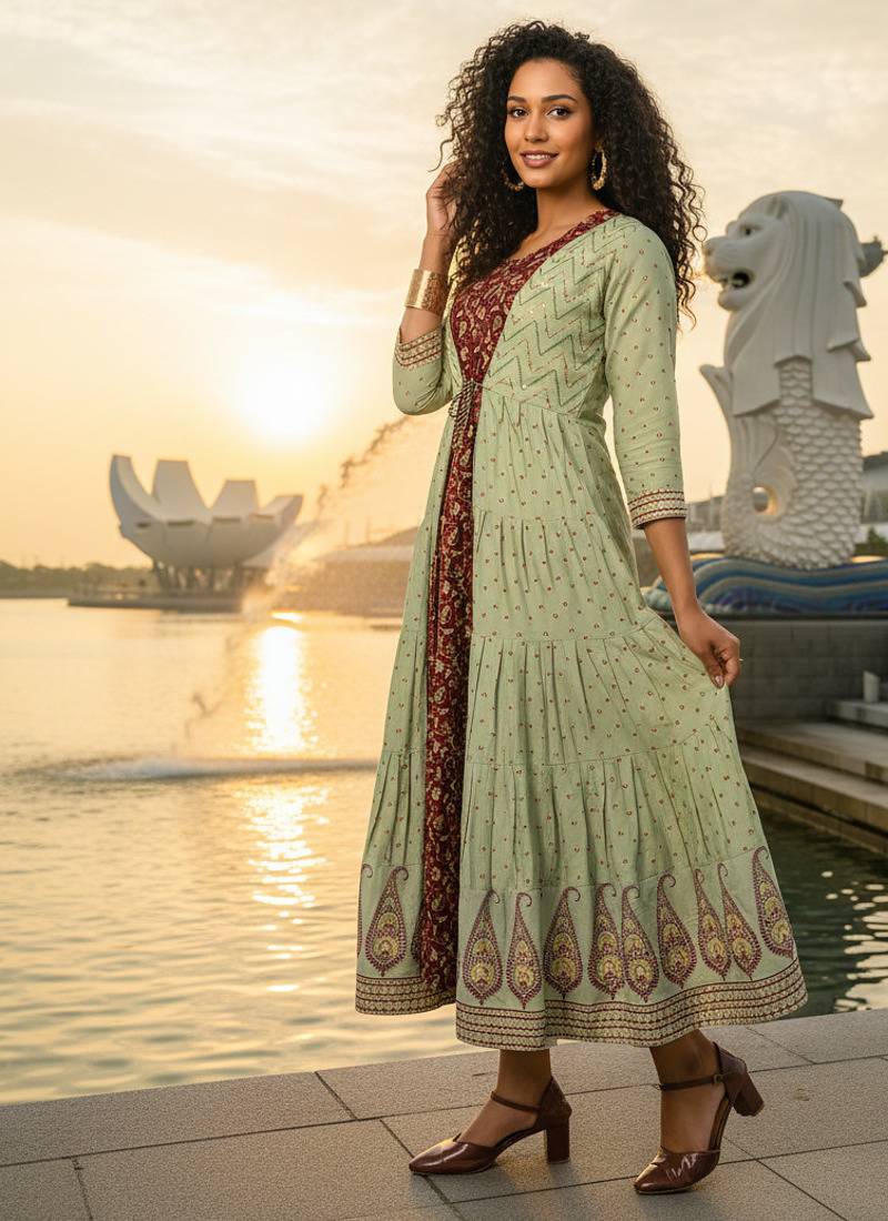 Green  cotton with hand print light embroidered kurti