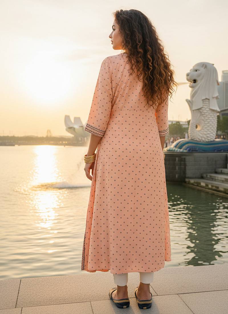 Peach  cotton with hand print light embroidered kurti