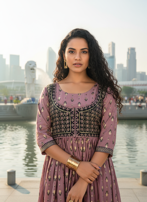 Violet  cotton with hand print light embroidered kurti 4