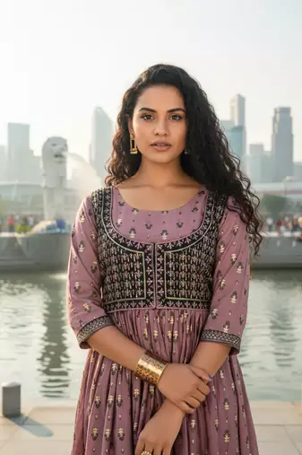 Violet  cotton with hand print light embroidered kurti