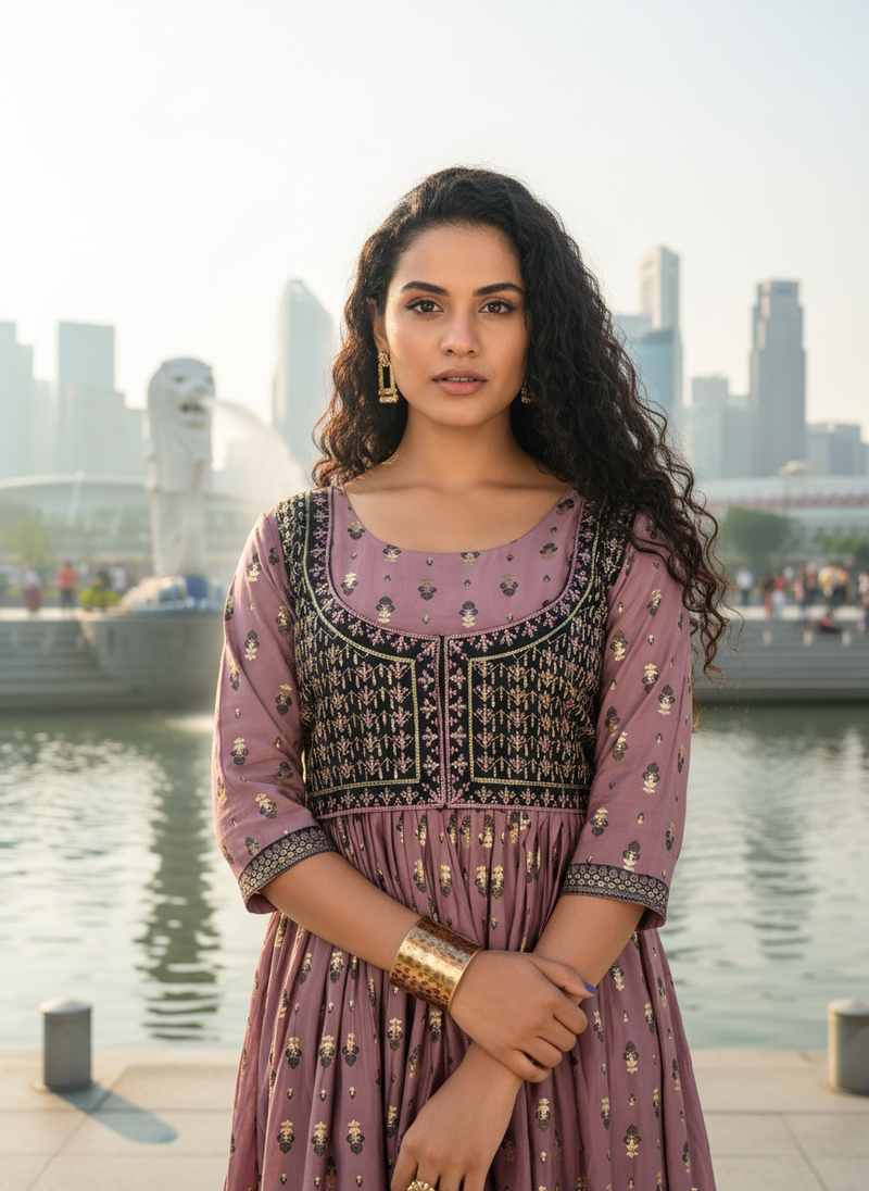 Violet  cotton with hand print light embroidered kurti