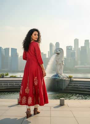 Red  cotton with hand print light embroidered kurti 2