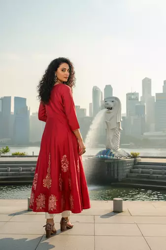 Red  cotton with hand print light embroidered kurti