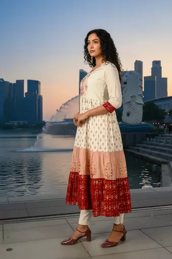 Cream  cotton with hand print light embroidered kurti