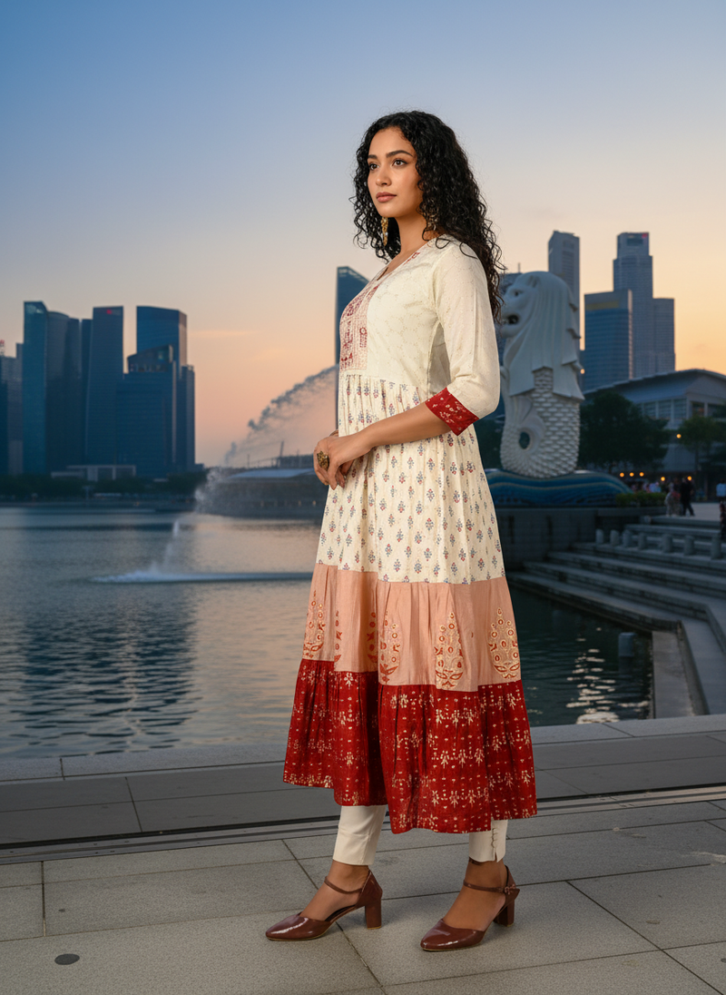 Cream  cotton with hand print light embroidered kurti