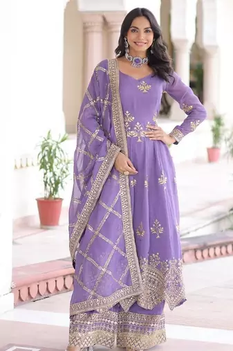 Lavender Crunchy Silk Anarkali set with Embroidery