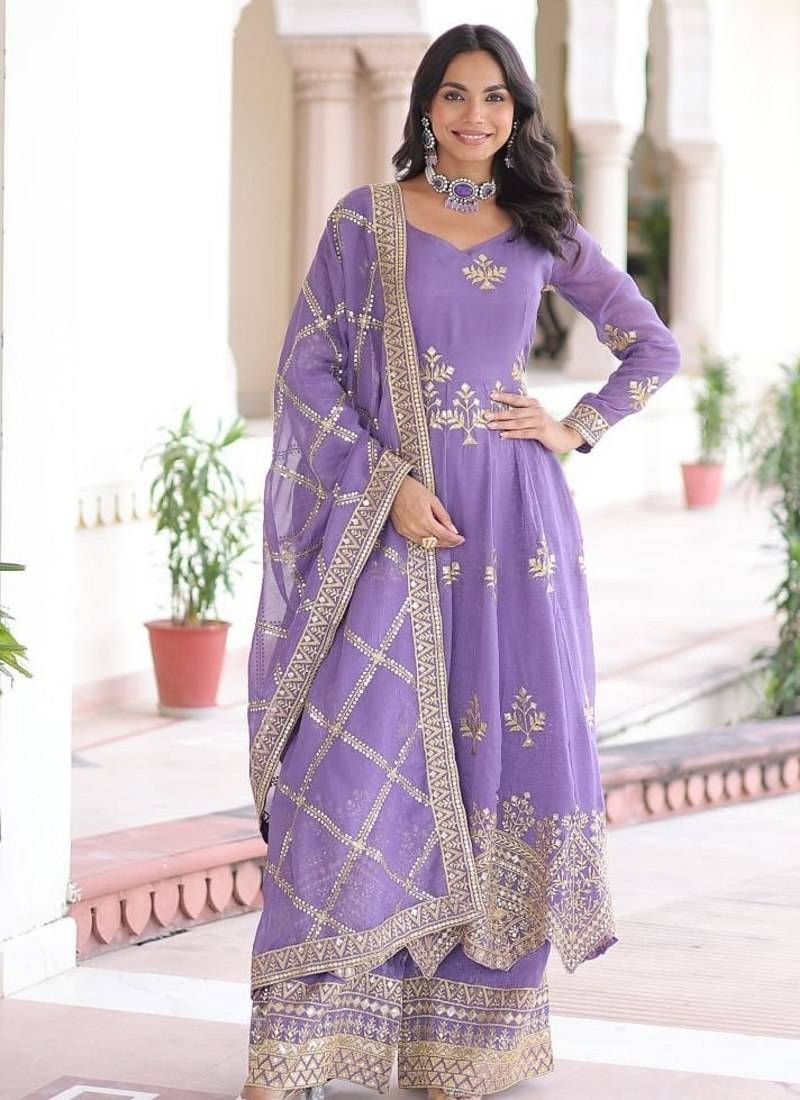 Lavender Crunchy Silk Anarkali set with Embroidery