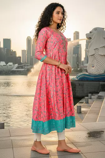 Pink  cotton with hand print light embroidered kurti