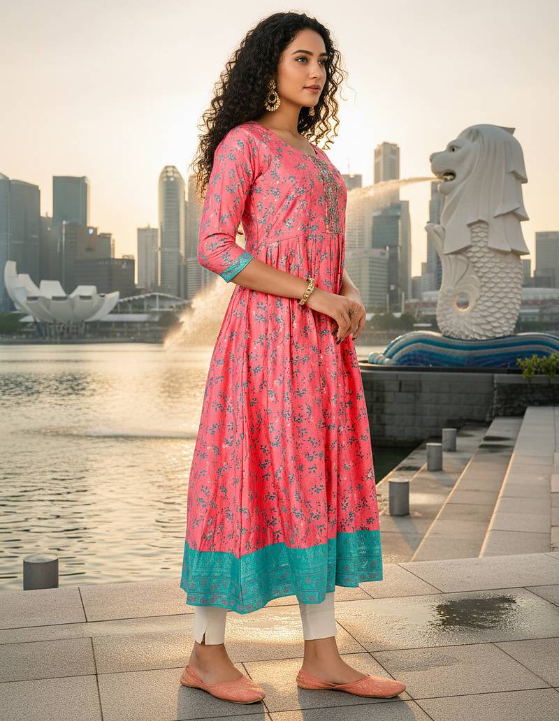 Pink  cotton with hand print light embroidered kurti