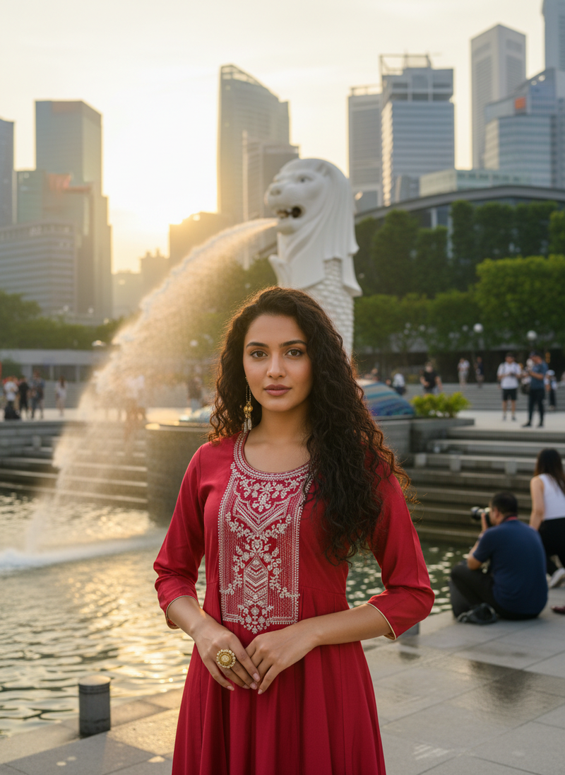 Red  cotton with hand print light embroidered kurti