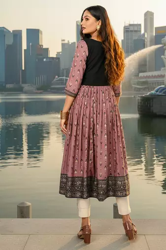 Violet  cotton with hand print light embroidered kurti
