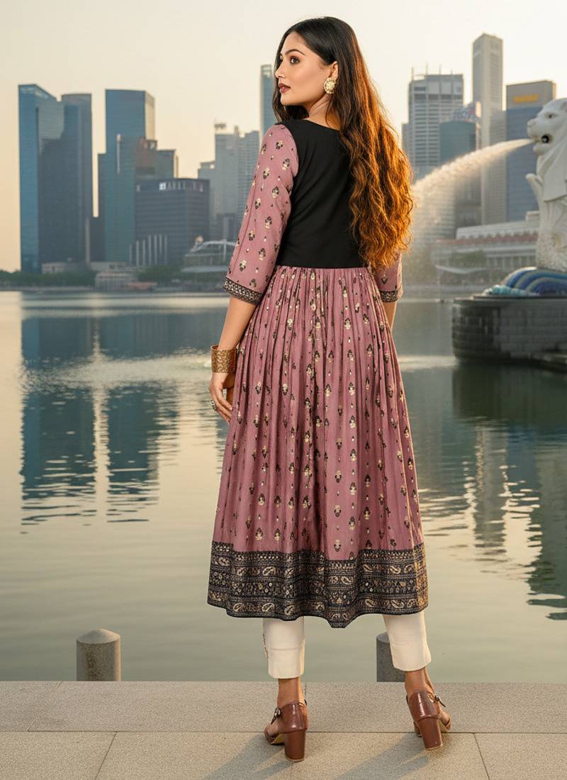 Violet  cotton with hand print light embroidered kurti