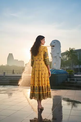 Yellow  cotton with printed kurti