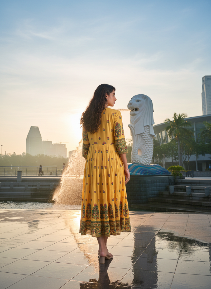 Yellow  cotton with printed kurti