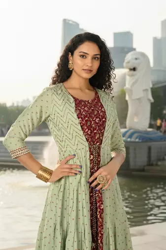 Green  cotton with hand print light embroidered kurti