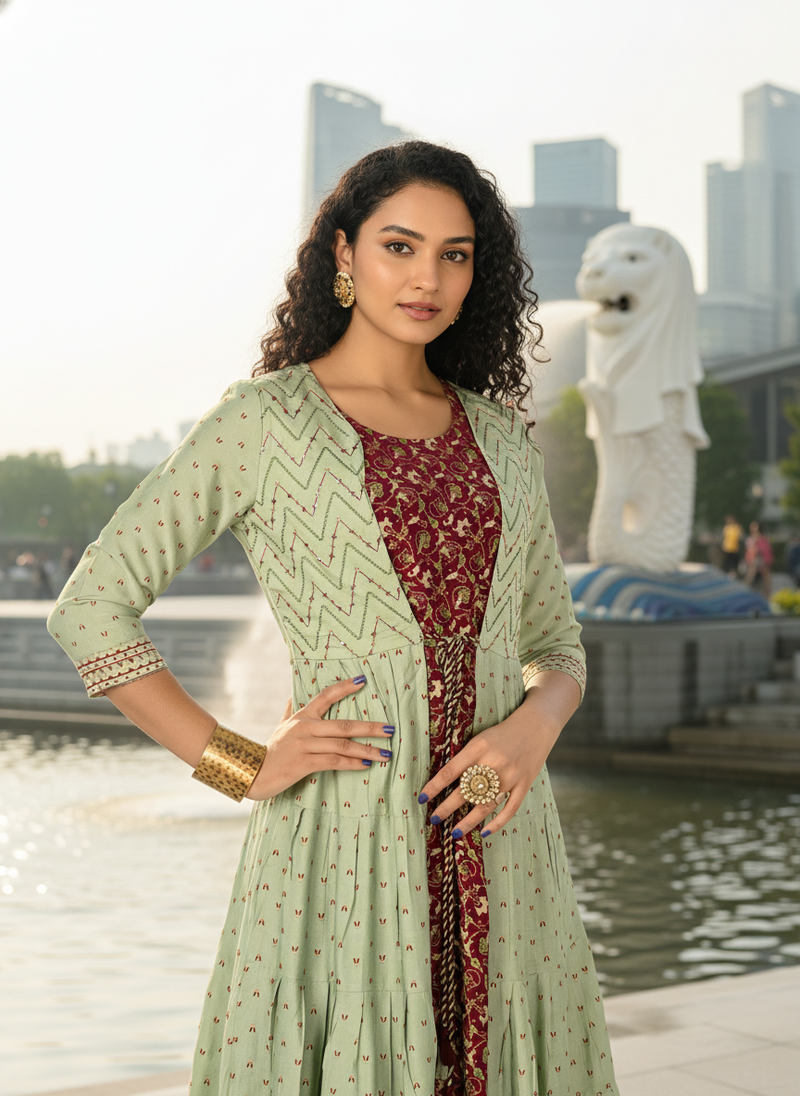 Green  cotton with hand print light embroidered kurti