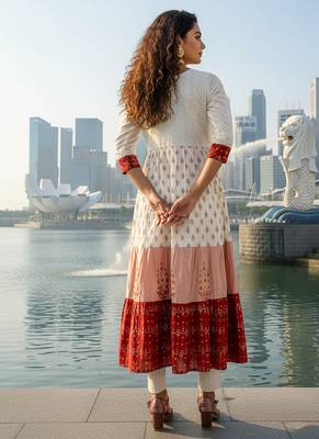 Cream  cotton with hand print light embroidered kurti 4