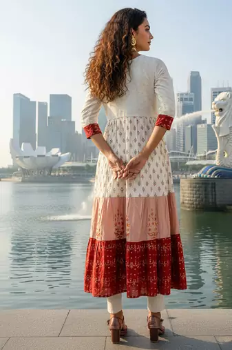 Cream  cotton with hand print light embroidered kurti