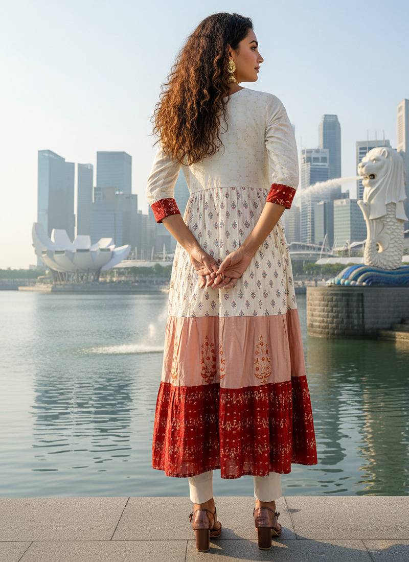 Cream  cotton with hand print light embroidered kurti