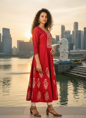 Red  cotton with hand print light embroidered kurti 3