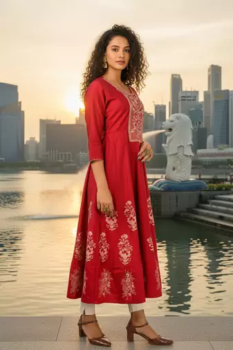 Red  cotton with hand print light embroidered kurti