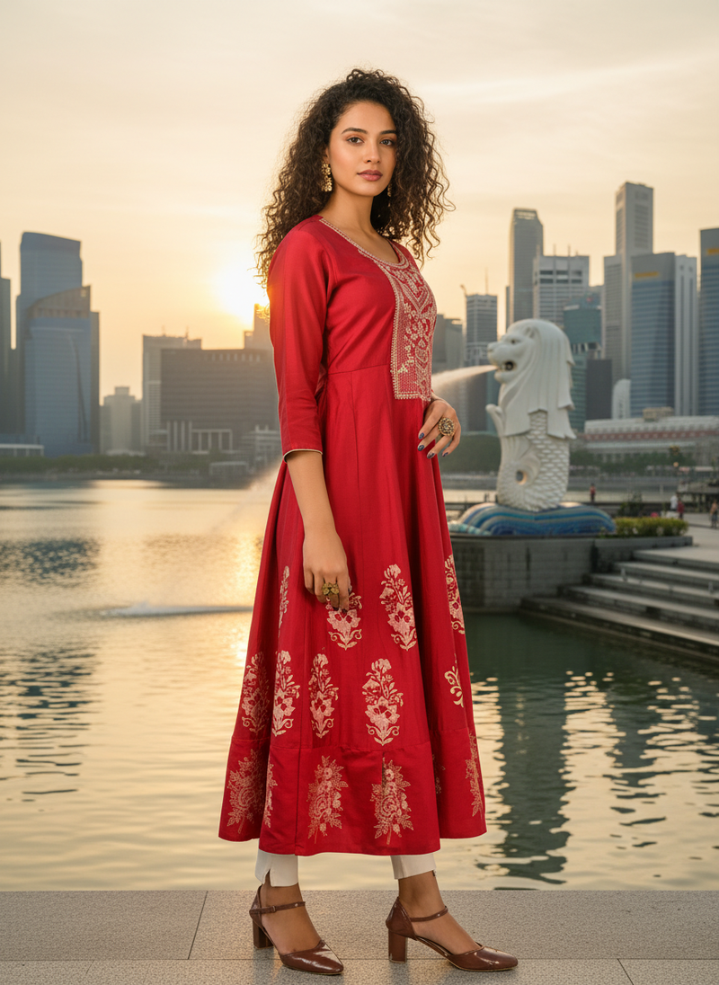 Red  cotton with hand print light embroidered kurti