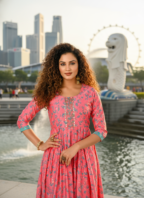 Pink  cotton with hand print light embroidered kurti 4