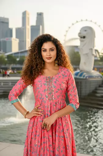 Pink  cotton with hand print light embroidered kurti