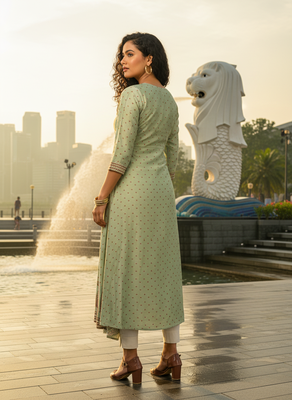 Green  cotton with hand print light embroidered kurti 5