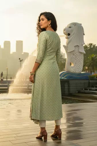 Green  cotton with hand print light embroidered kurti