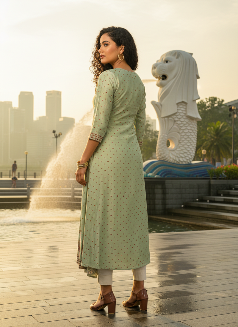 Green  cotton with hand print light embroidered kurti