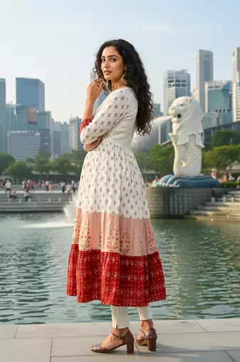 Cream  cotton with hand print light embroidered kurti