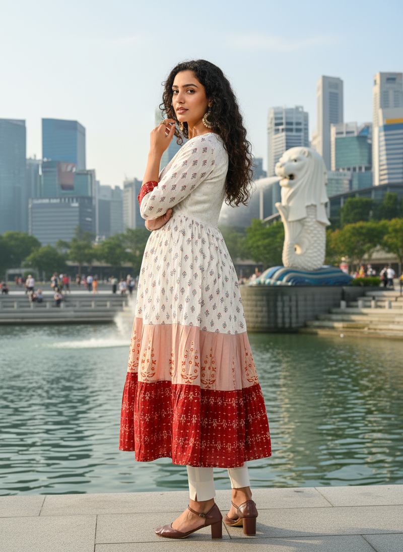 Cream  cotton with hand print light embroidered kurti