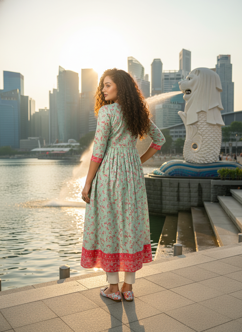 Light green  cotton with hand print light embroidered kurti