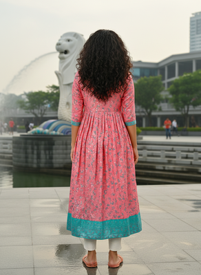 Pink  cotton with hand print light embroidered kurti 5