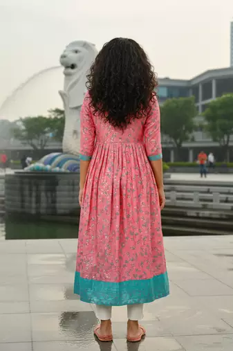 Pink  cotton with hand print light embroidered kurti
