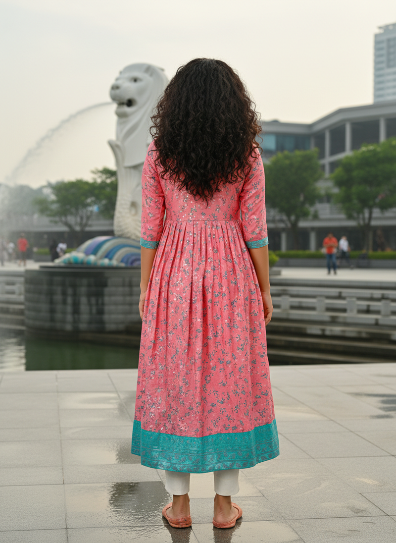 Pink  cotton with hand print light embroidered kurti