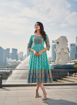 Sky blue  cotton with printed kurti 1