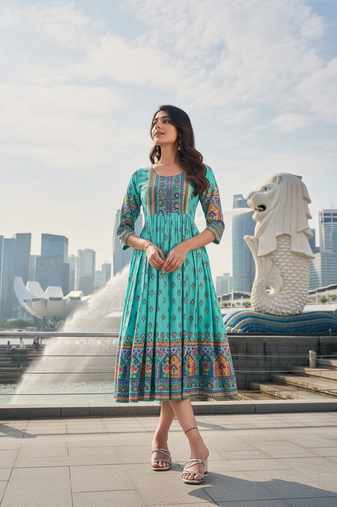 Sky blue  cotton with printed kurti