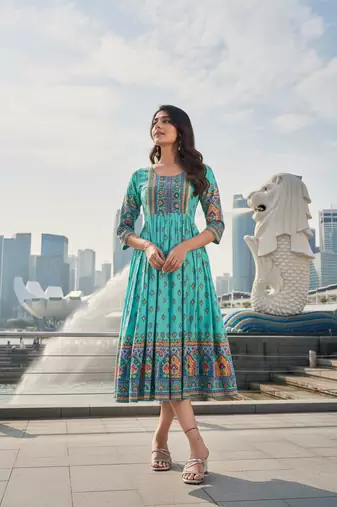 Sky blue  cotton with printed kurti