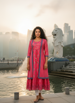 Red premium cotton with hand print light embroidered kurti 1