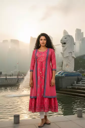 Red premium cotton with hand print light embroidered kurti