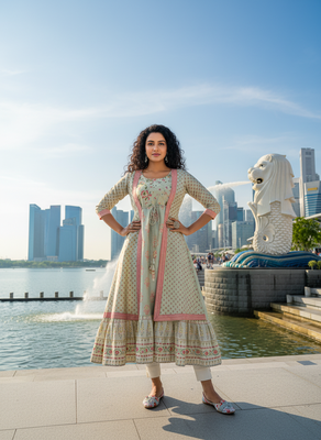 Cream  cotton with hand print light embroidered kurti 1