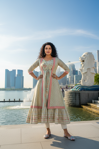 Cream  cotton with hand print light embroidered kurti