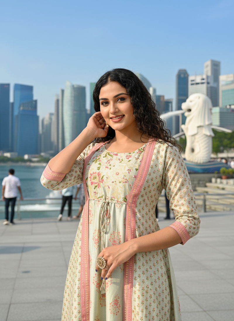 Parrot green  cotton with hand print light embroidered kurti